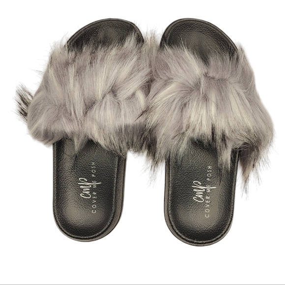 Faux Fur Grey Slide Slippers Non Slip Size 42-43 - Picture 3 of 3